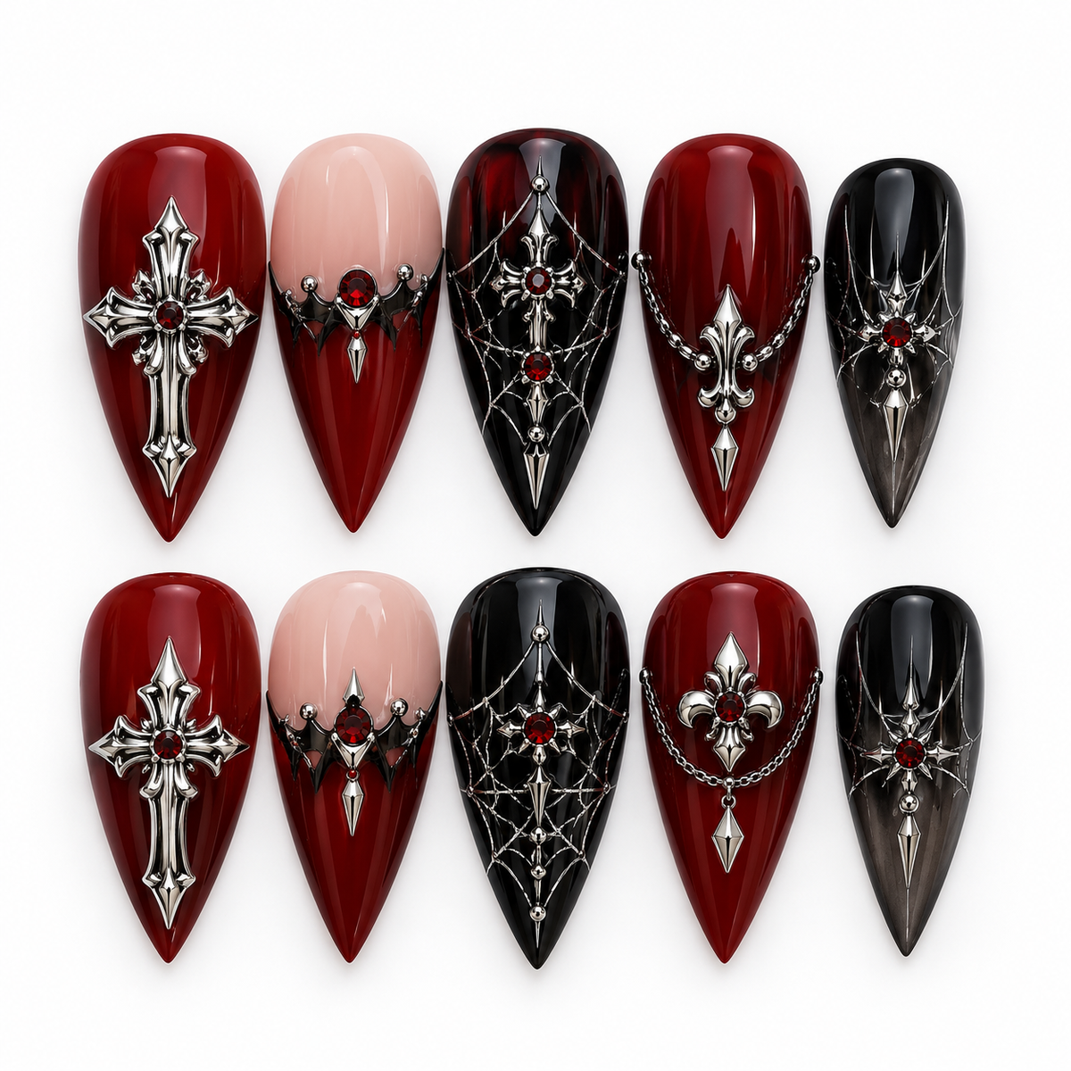 Blood Cathedral Halloween Press On Nails – Gothic Cross Nail Set - HW010