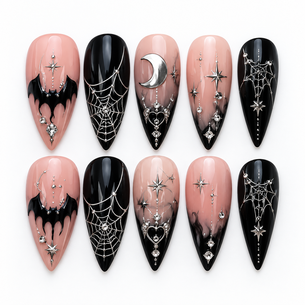 Midnight Bat Web Halloween Press On Nails – Black Bat Nail Set - HW011
