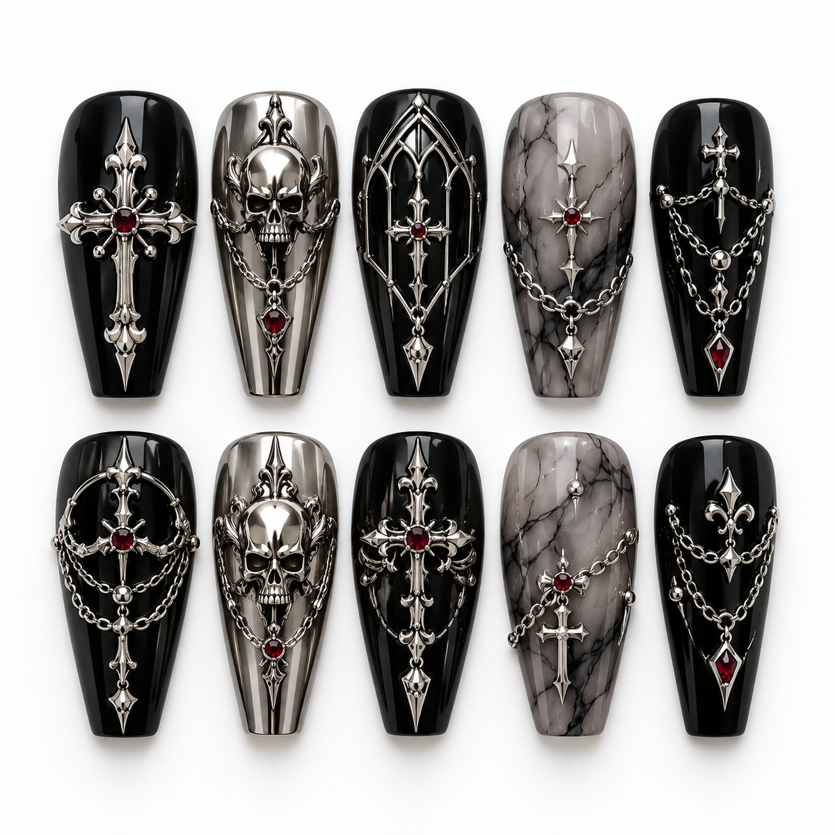 Dark Skull Relic Halloween Press On Nails – Skull Gothic Nail Set - HW012