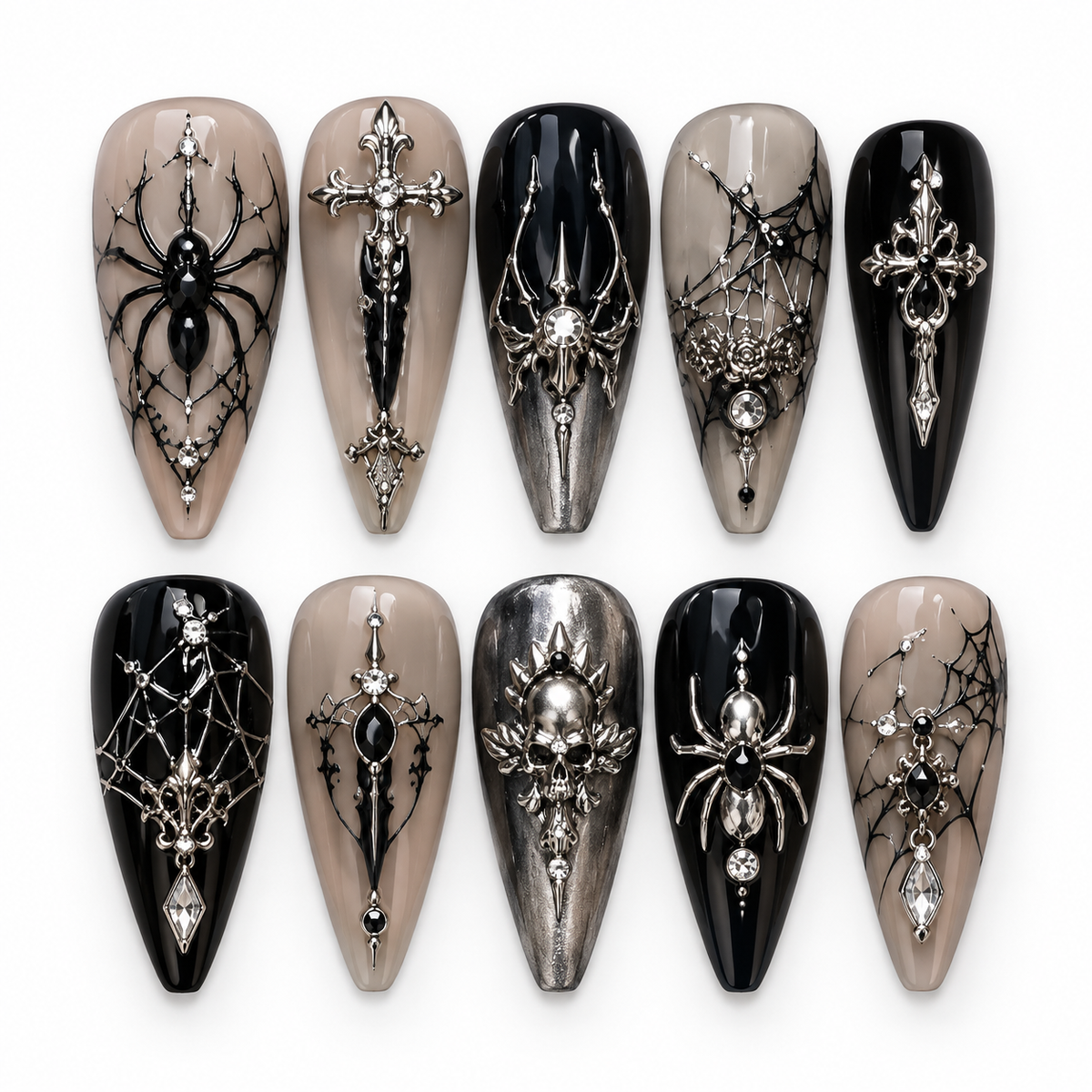 Silver Widow Halloween Press On Nails – Black Spider Nail Set - HW013