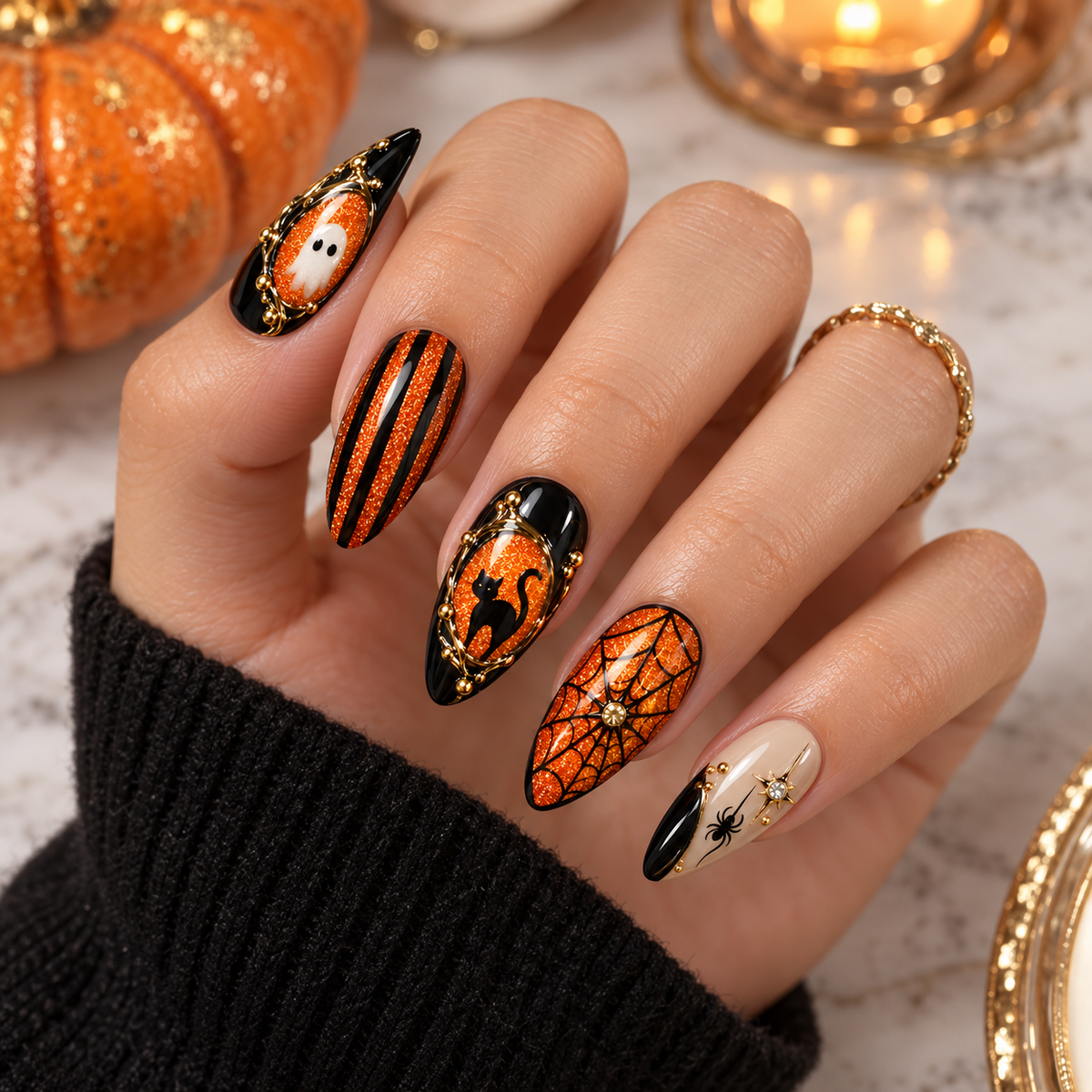 Pumpkin Noir Halloween Press On Nails – Orange Glitter Nail Set - HW014