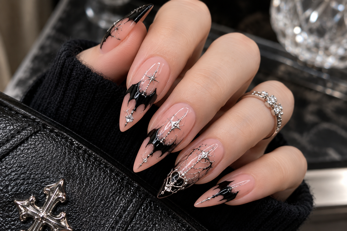 Midnight Bat Web Halloween Press On Nails – Black Bat Nail Set - HW011
