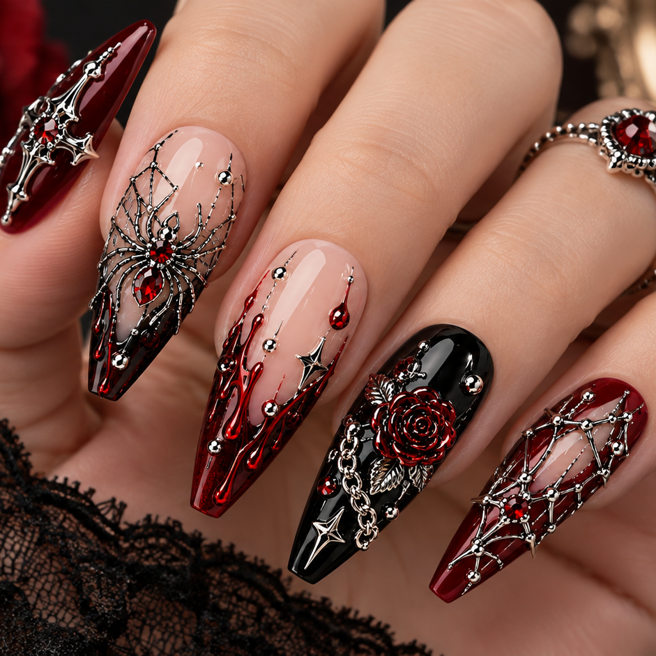 Blood Rose Web Halloween Press On Nails – Gothic Rose Nail Set _HW006