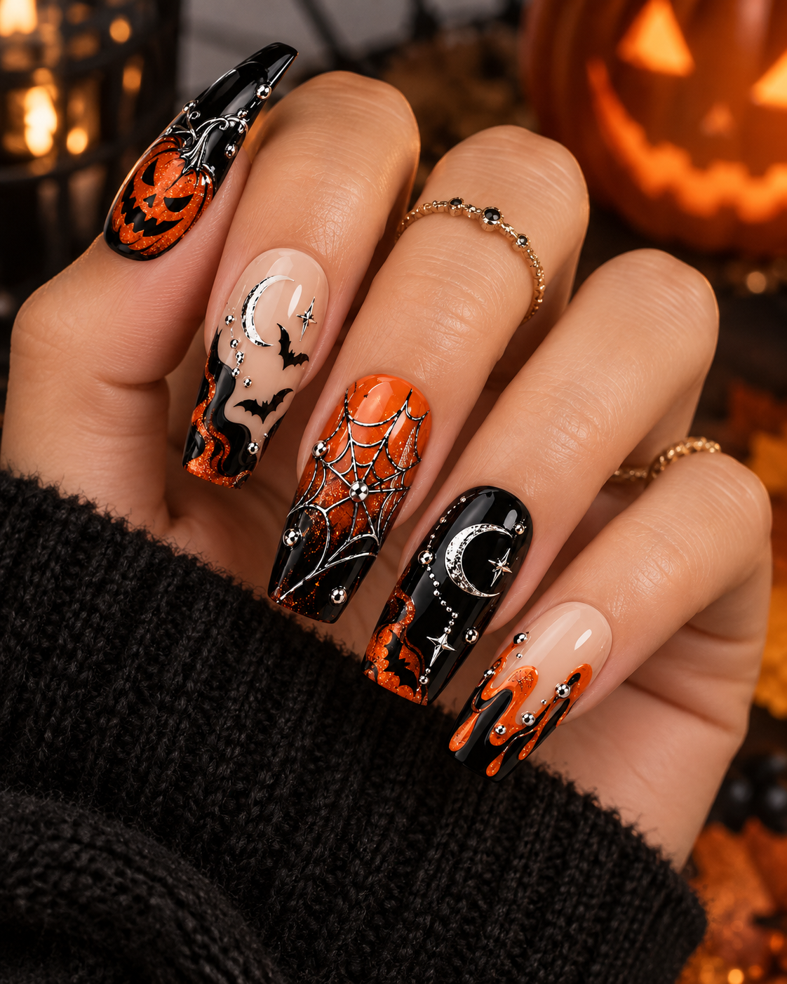 Pumpkin Midnight Halloween Press On Nails – Cute Pumpkin Nail Set