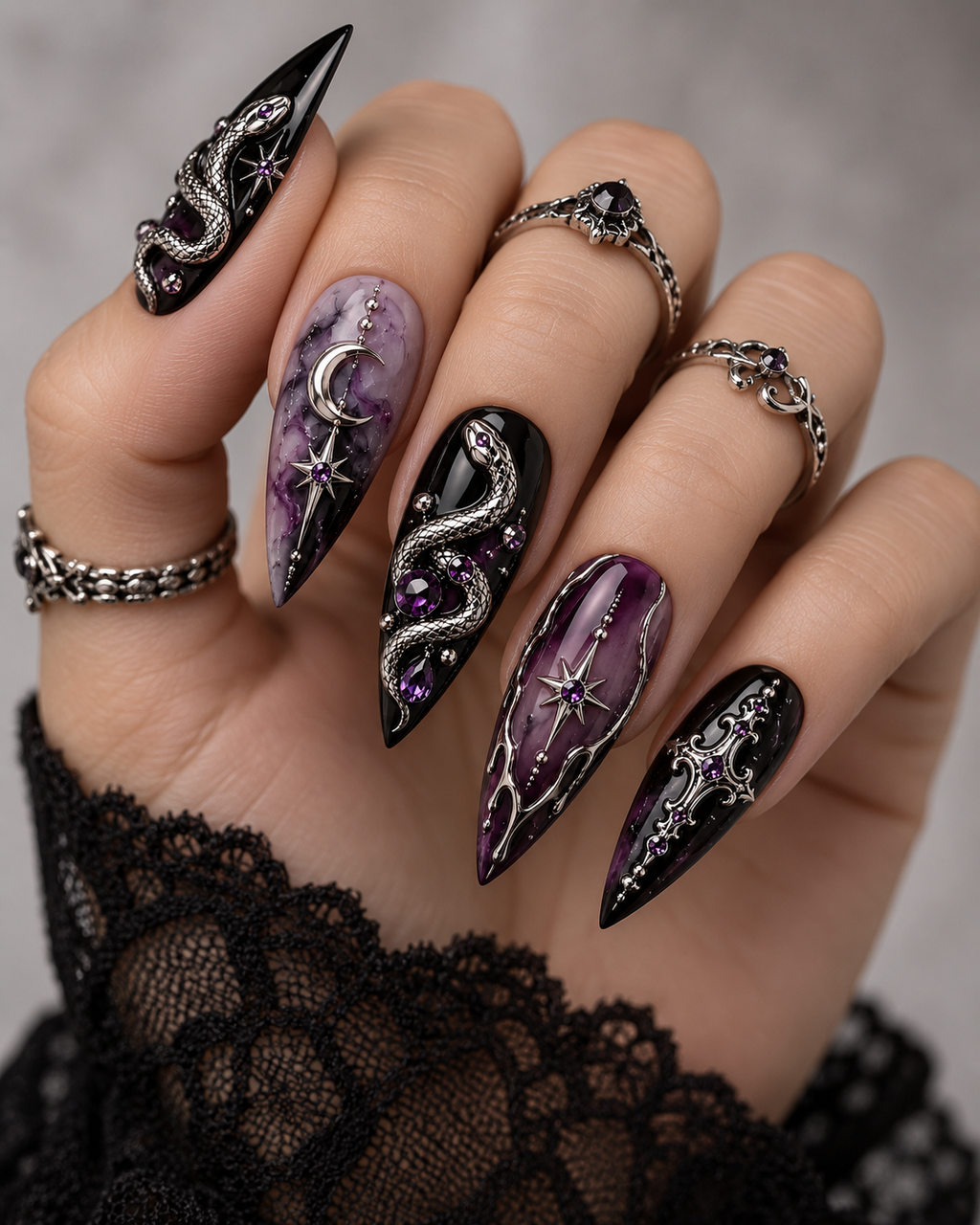 Amethyst Serpent Halloween Press On Nails – Luxury Snake Nail Set - HW005