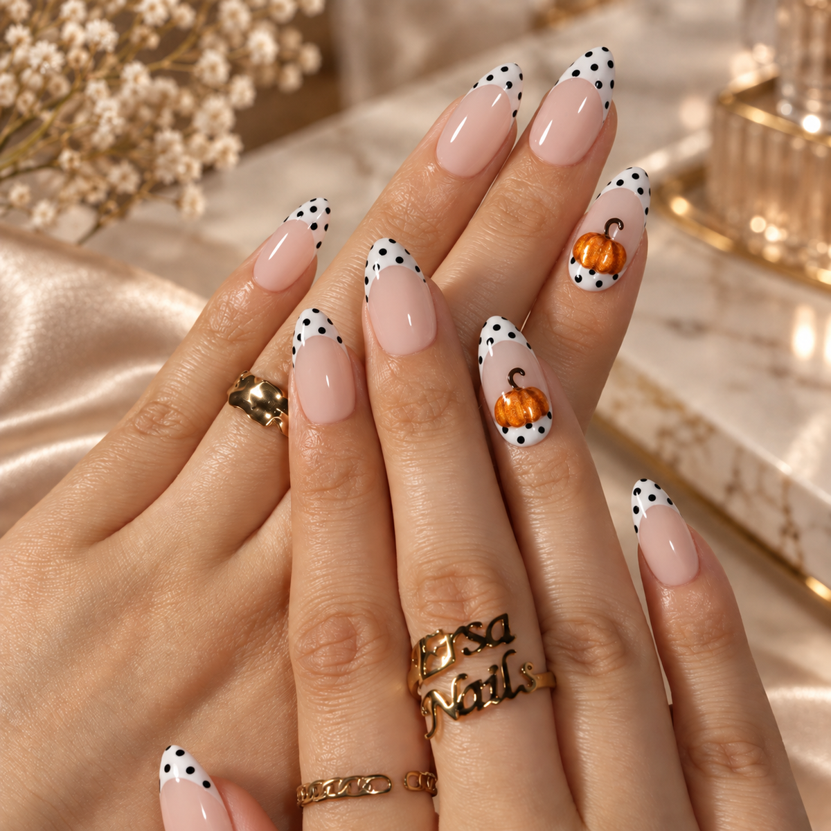 Little Pumpkin Nude French Polka Dot Pumpkin Press On Nails