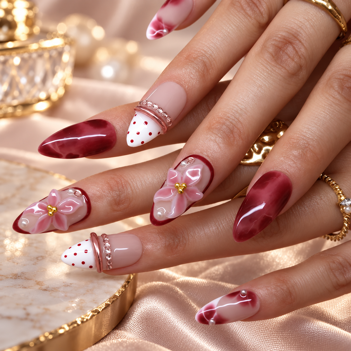 Rouge Lily Red Marble Pink Lily Press On Nails
