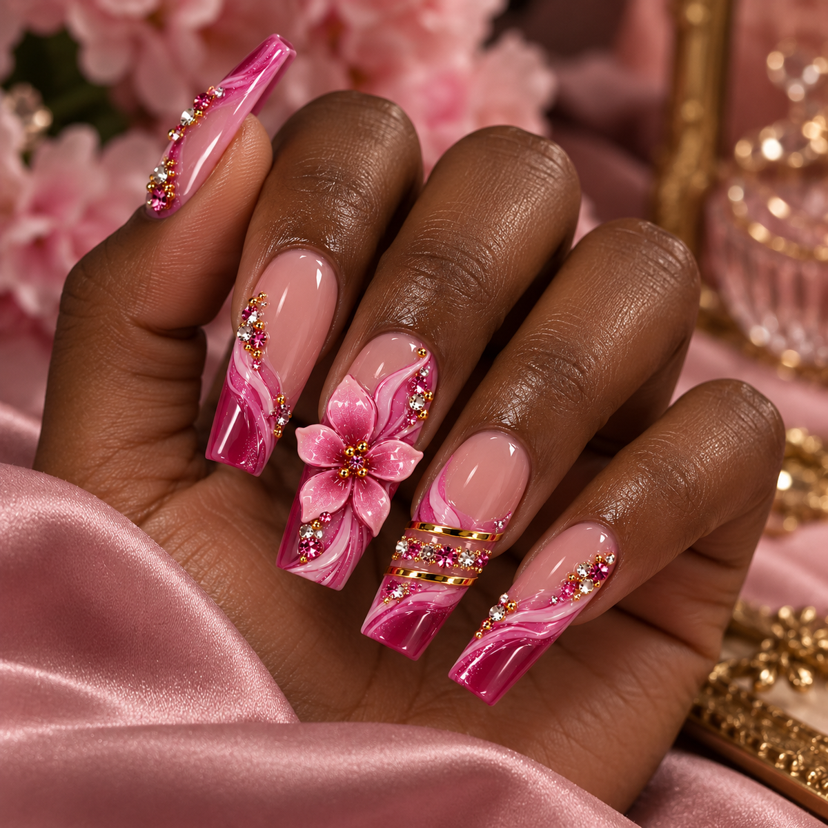 Ruby Swirl Pink Jeweled Floral Press On Nails