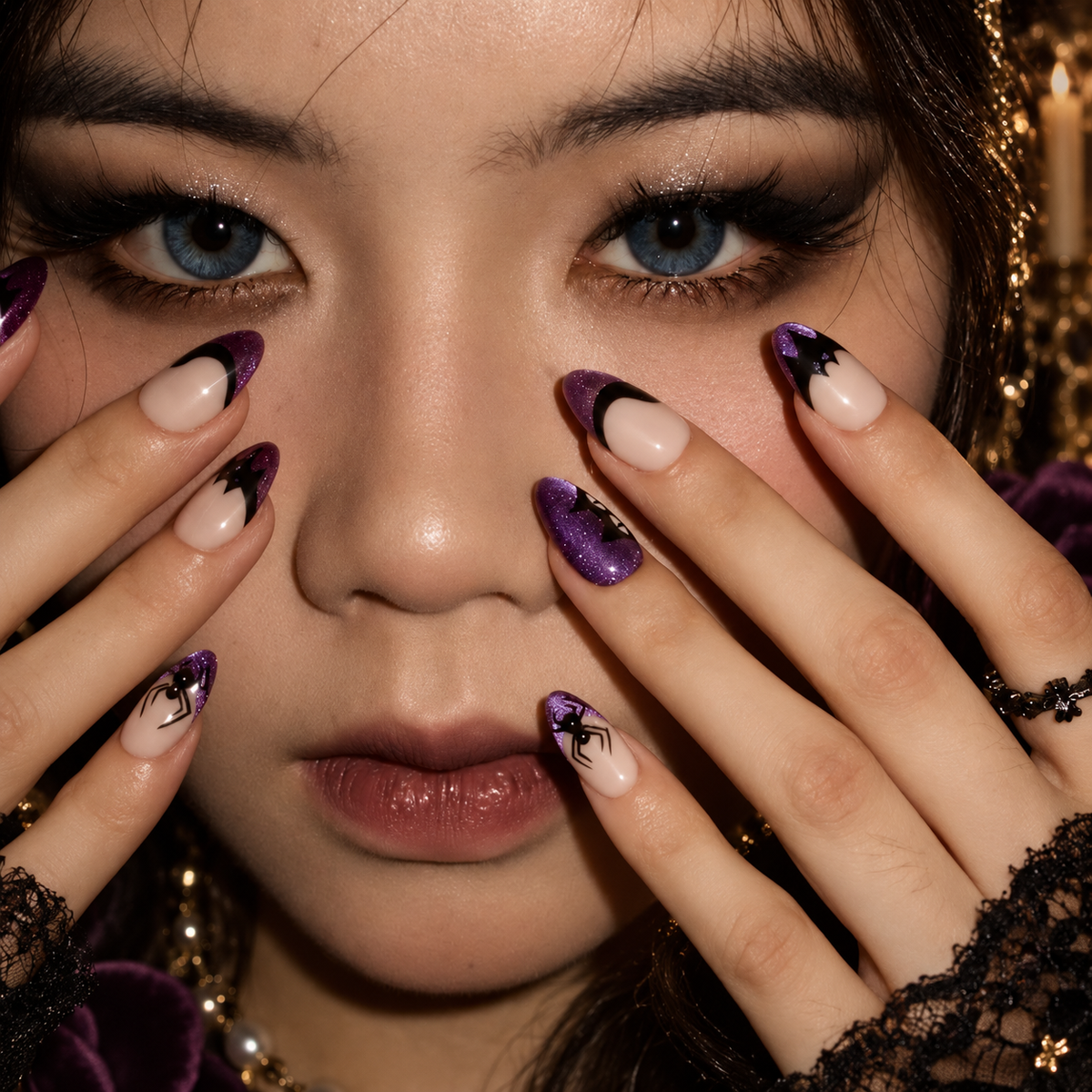 Midnight Key Navy Cat Eye Button Spiral Press On Nails