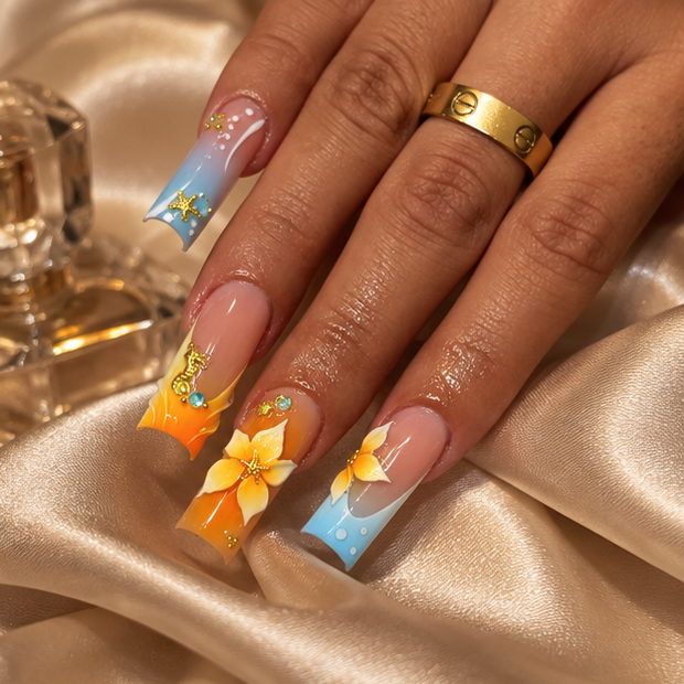 Sunset Plumeria Orange Blue Tropical Ombre Press On Nails