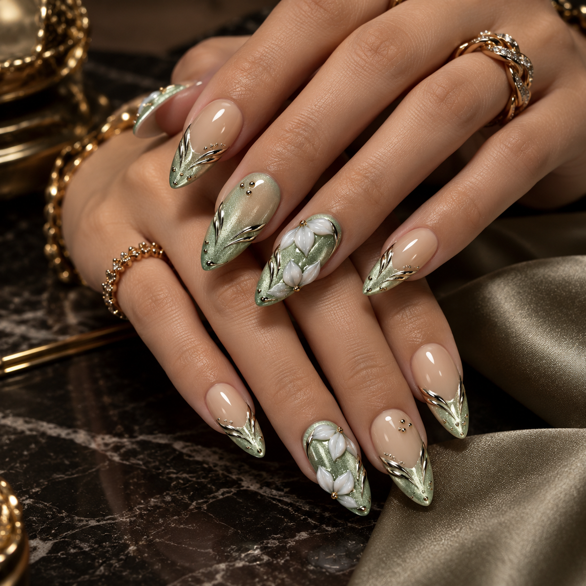Sage Muse Sage Green Chrome Floral Press On Nails