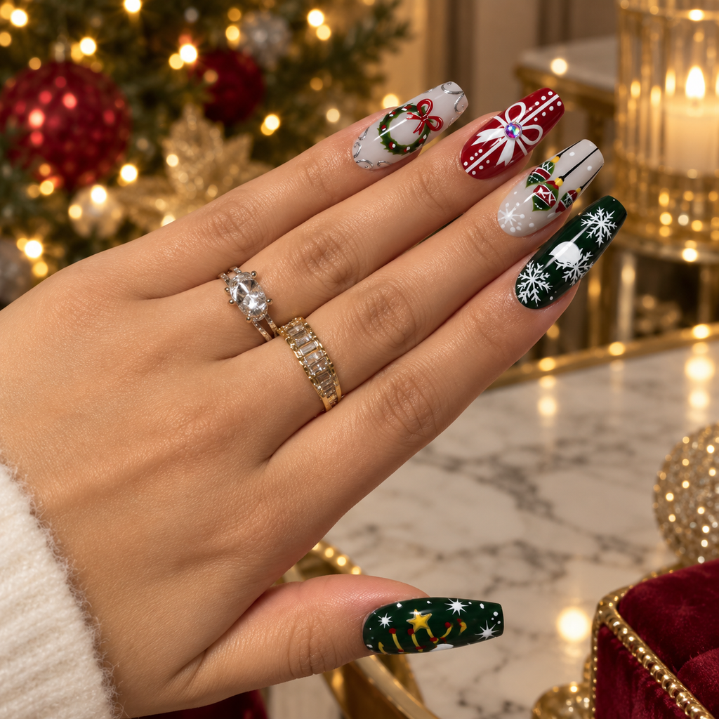 Jingle Gold Gold Glitter Christmas Gnome Press On Nails