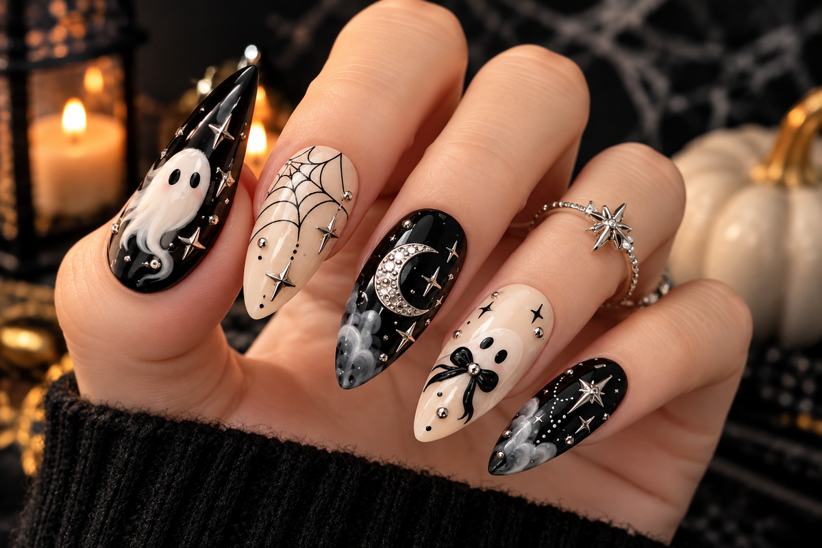 Moonlit Ghost Halloween Press On Nails – Cute Ghost Nail Set - HW004
