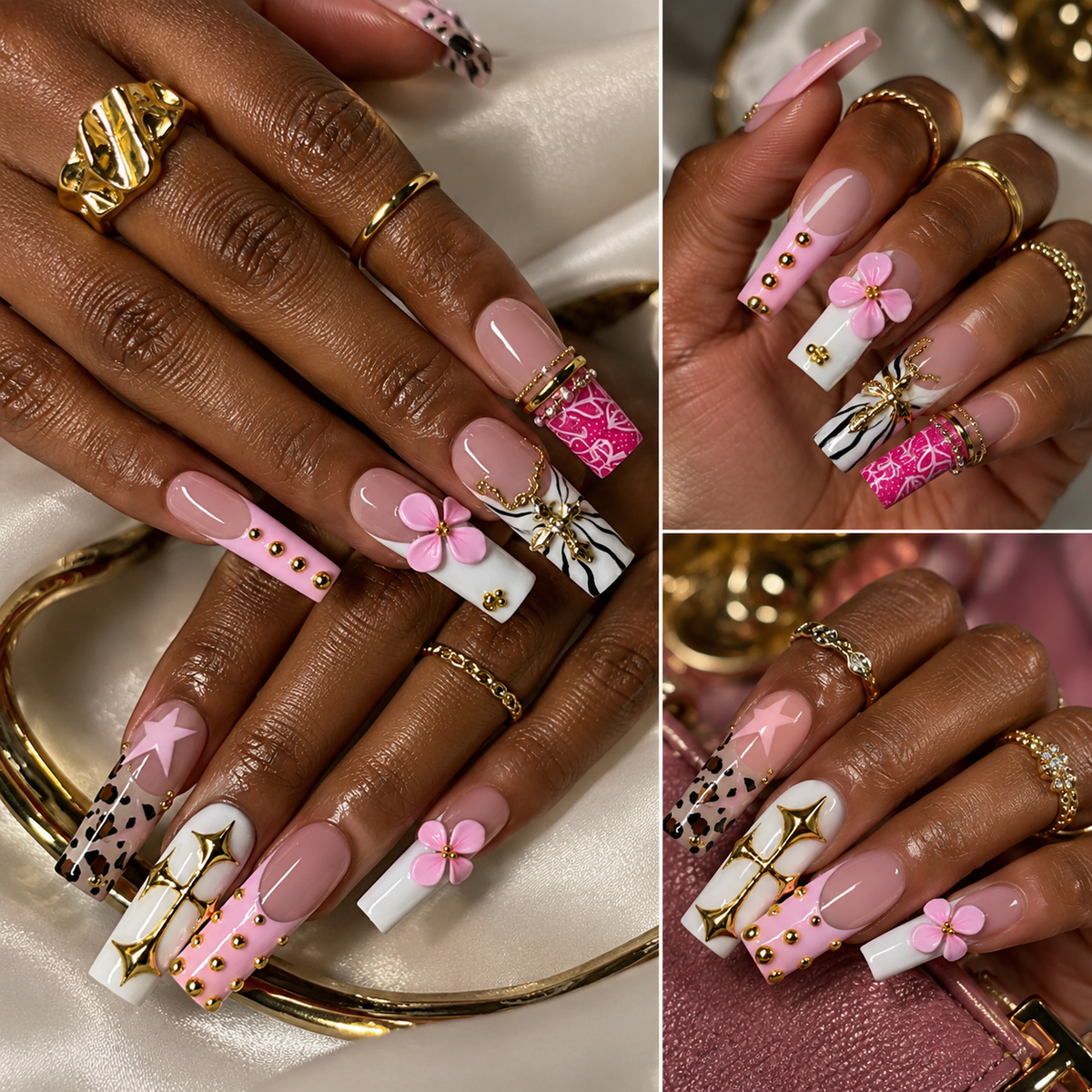 Pink Rosary Pink Leopard Cross Press On Nails