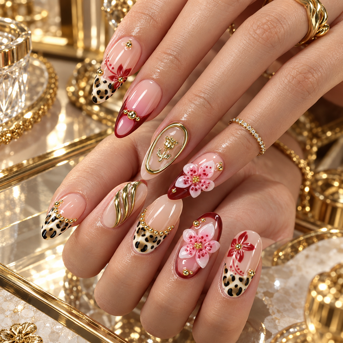 Wild Rosé Red Leopard Floral Press On Nails