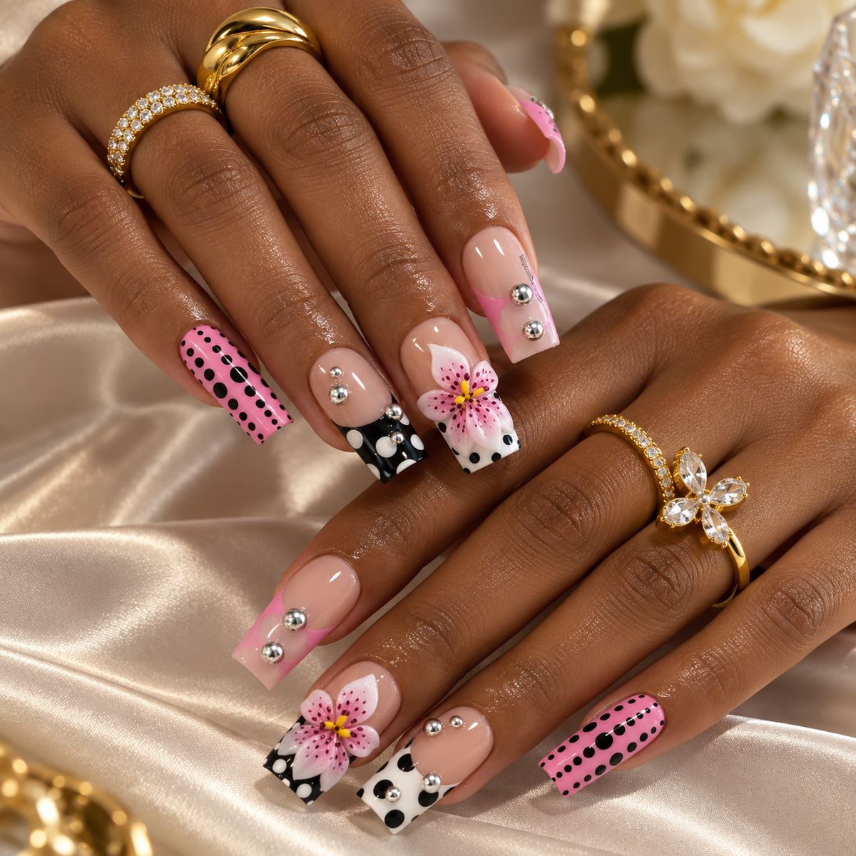 Dotty Lily Pink Polka Dot 3D Flower Press On Nails