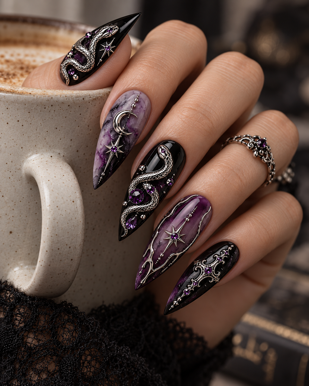 Amethyst Serpent Halloween Press On Nails – Luxury Snake Nail Set - HW005