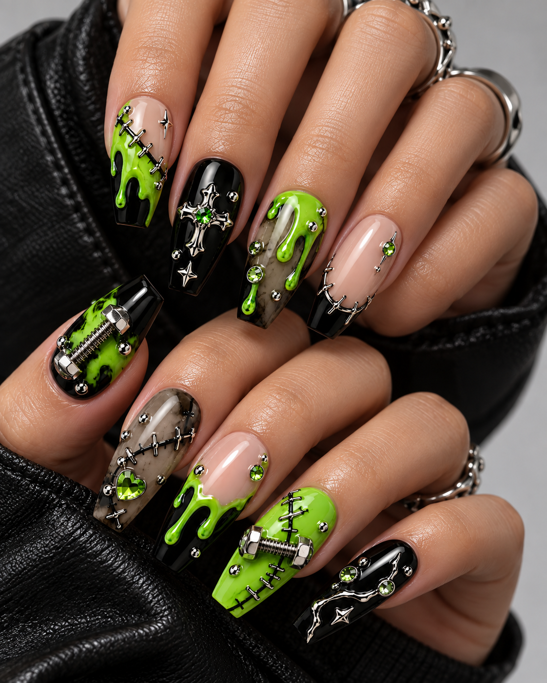 Toxic Stitch Halloween Press On Nails – Handmade Gothic Nail Set – HW001