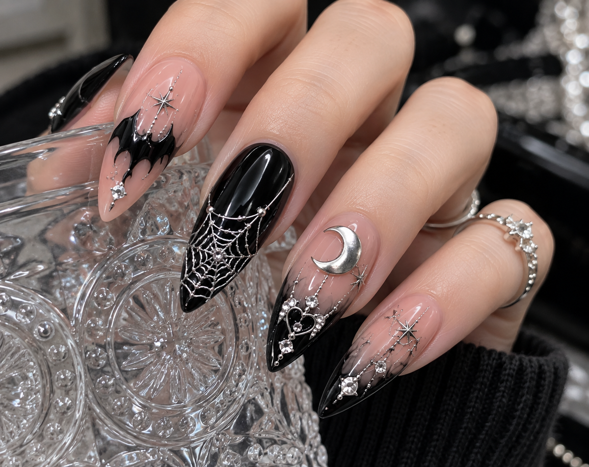 Midnight Bat Web Halloween Press On Nails – Black Bat Nail Set - HW011