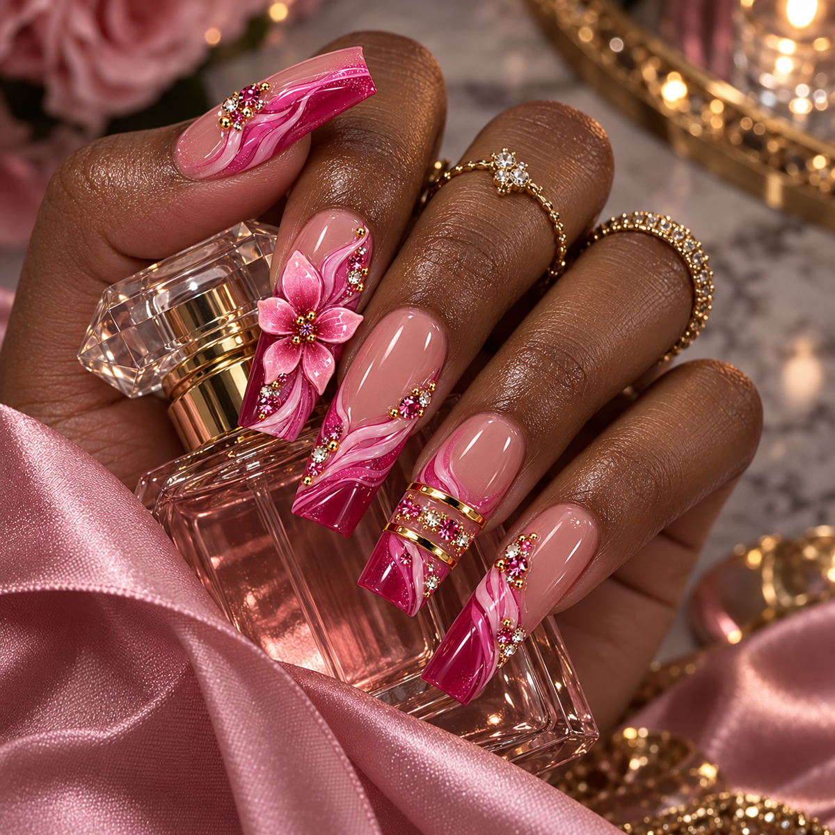 Ruby Swirl Pink Jeweled Floral Press On Nails