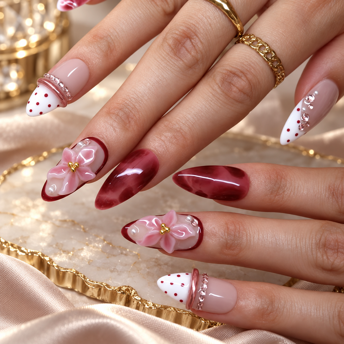 Rouge Lily Red Marble Pink Lily Press On Nails