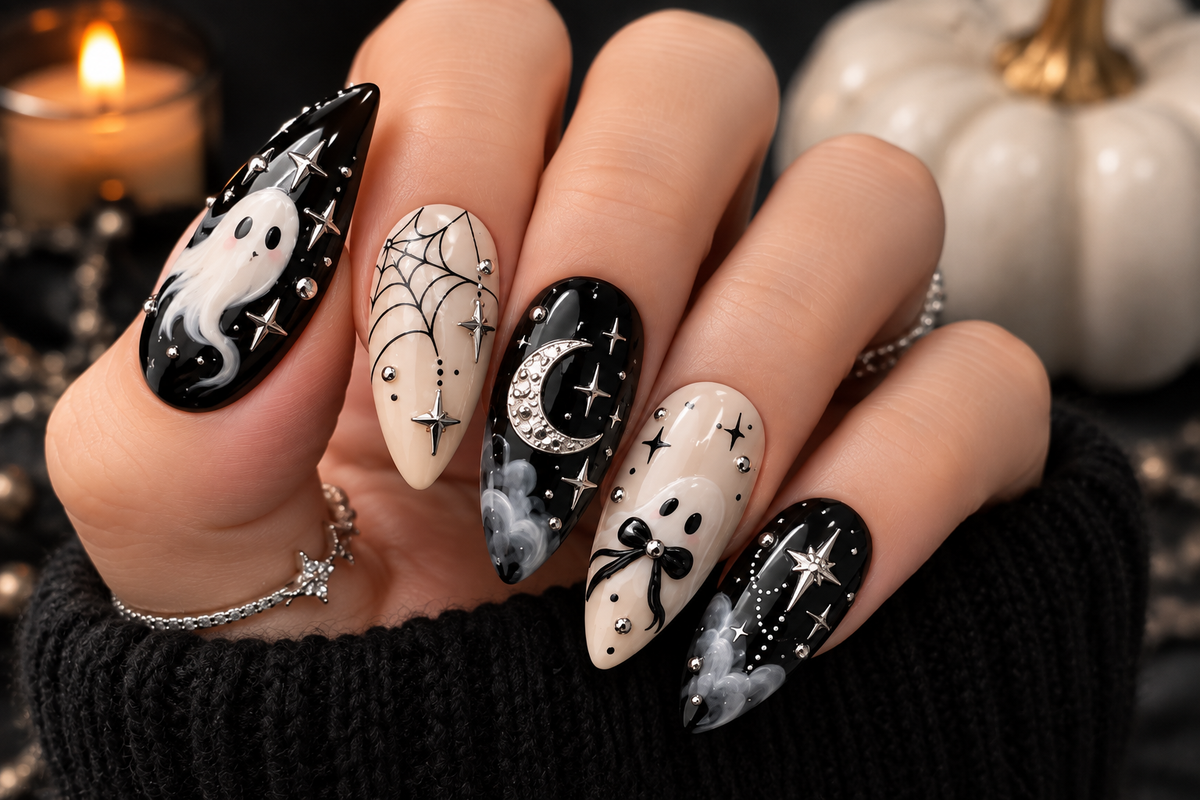 Moonlit Ghost Halloween Press On Nails – Cute Ghost Nail Set - HW004