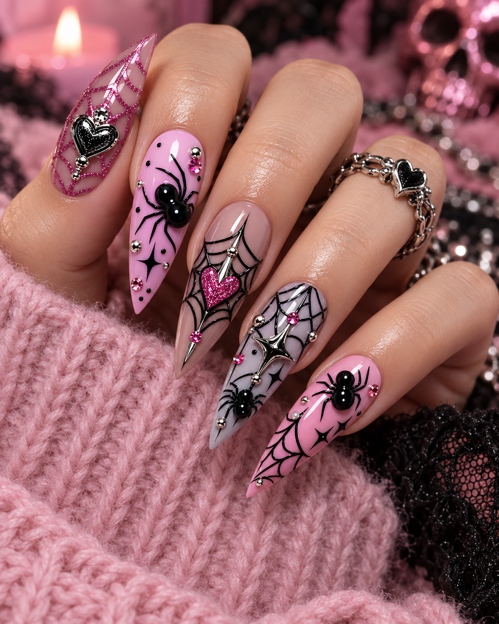 Pink Widow Halloween Press On Nails – Cute Spider Nail Set - HW017