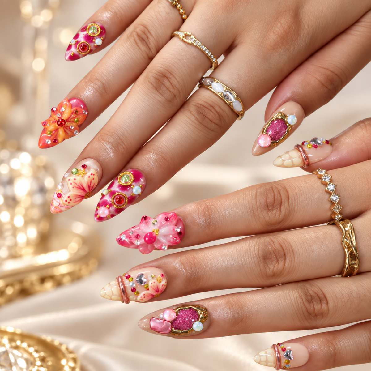 Jewel Box Pink Leopard Rhinestone Maximalist Press On Nails
