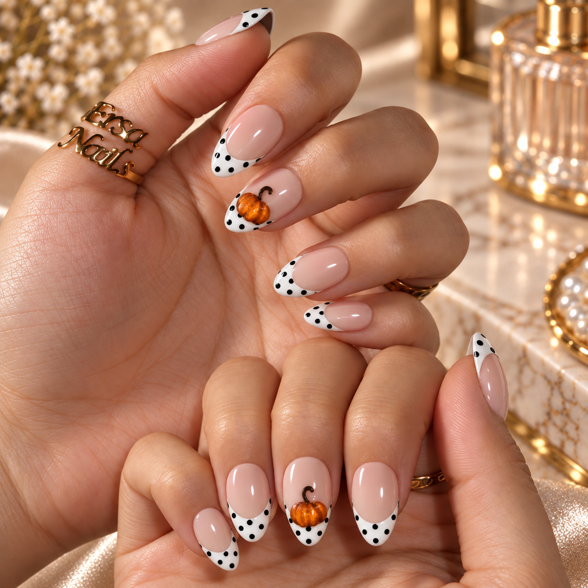 Little Pumpkin Nude French Polka Dot Pumpkin Press On Nails