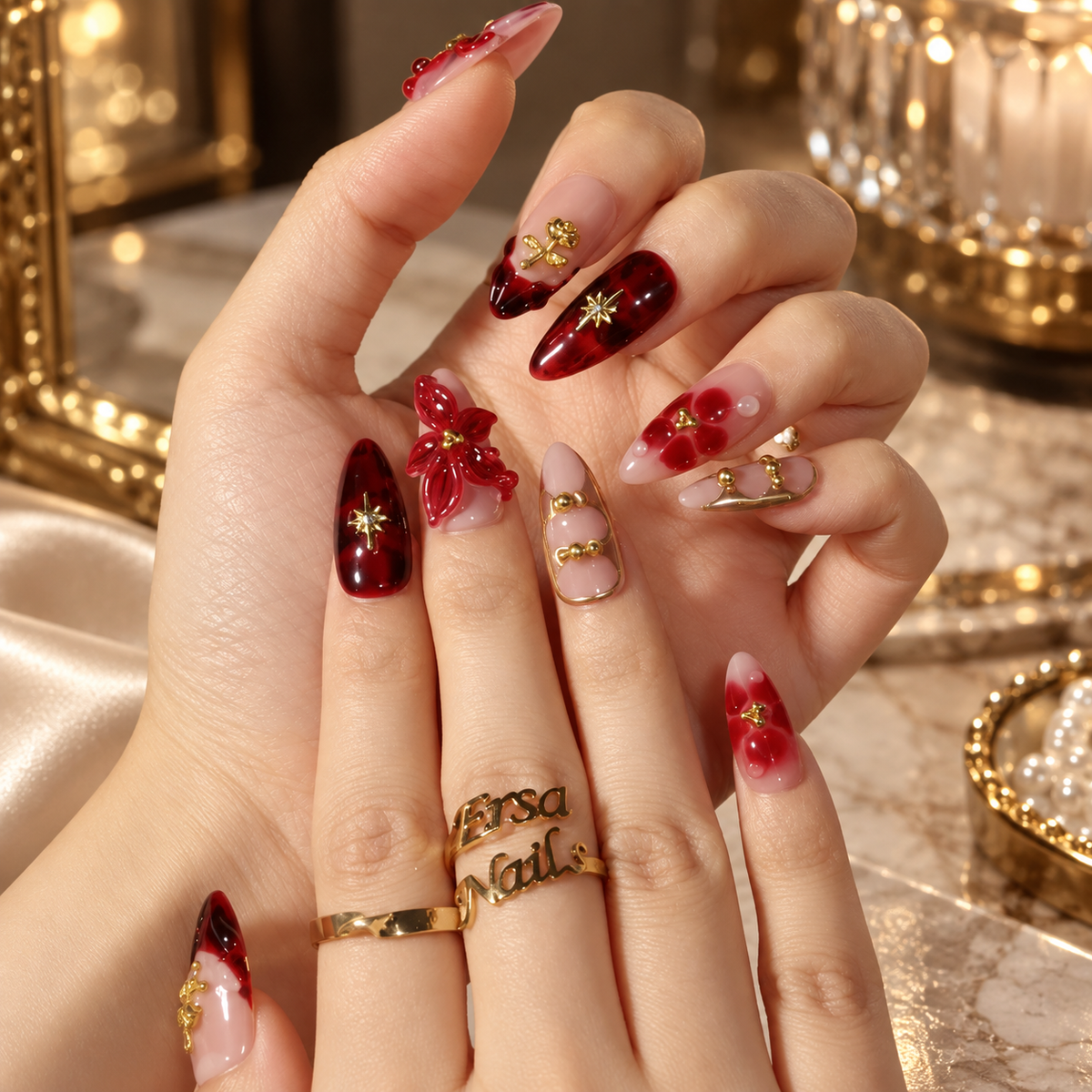 Rose Gold Rouge Deep Red Tortoise Rose Charm Press On Nails