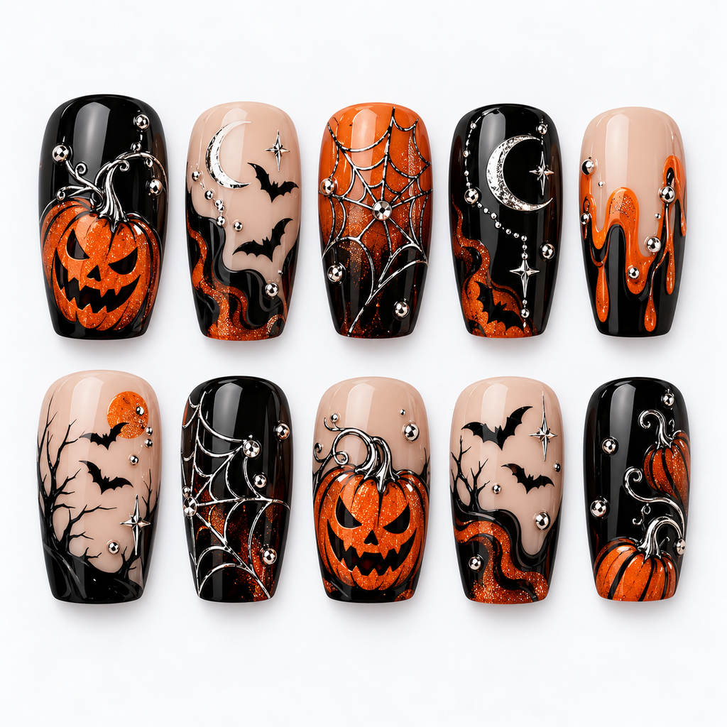 Pumpkin Midnight Halloween Press On Nails – Cute Pumpkin Nail Set