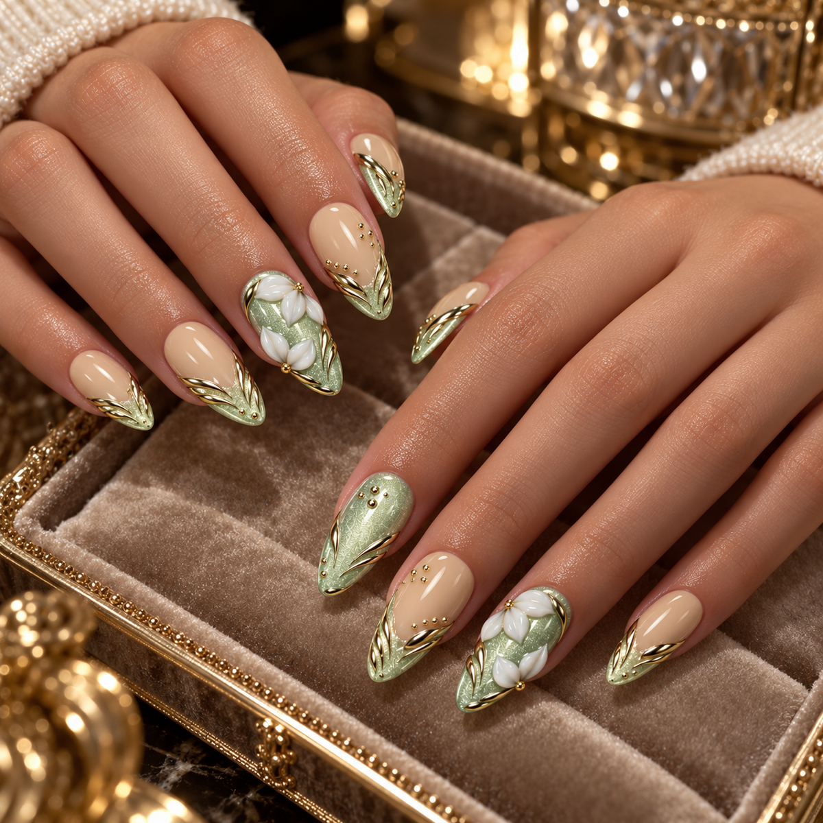 Sage Muse Sage Green Chrome Floral Press On Nails