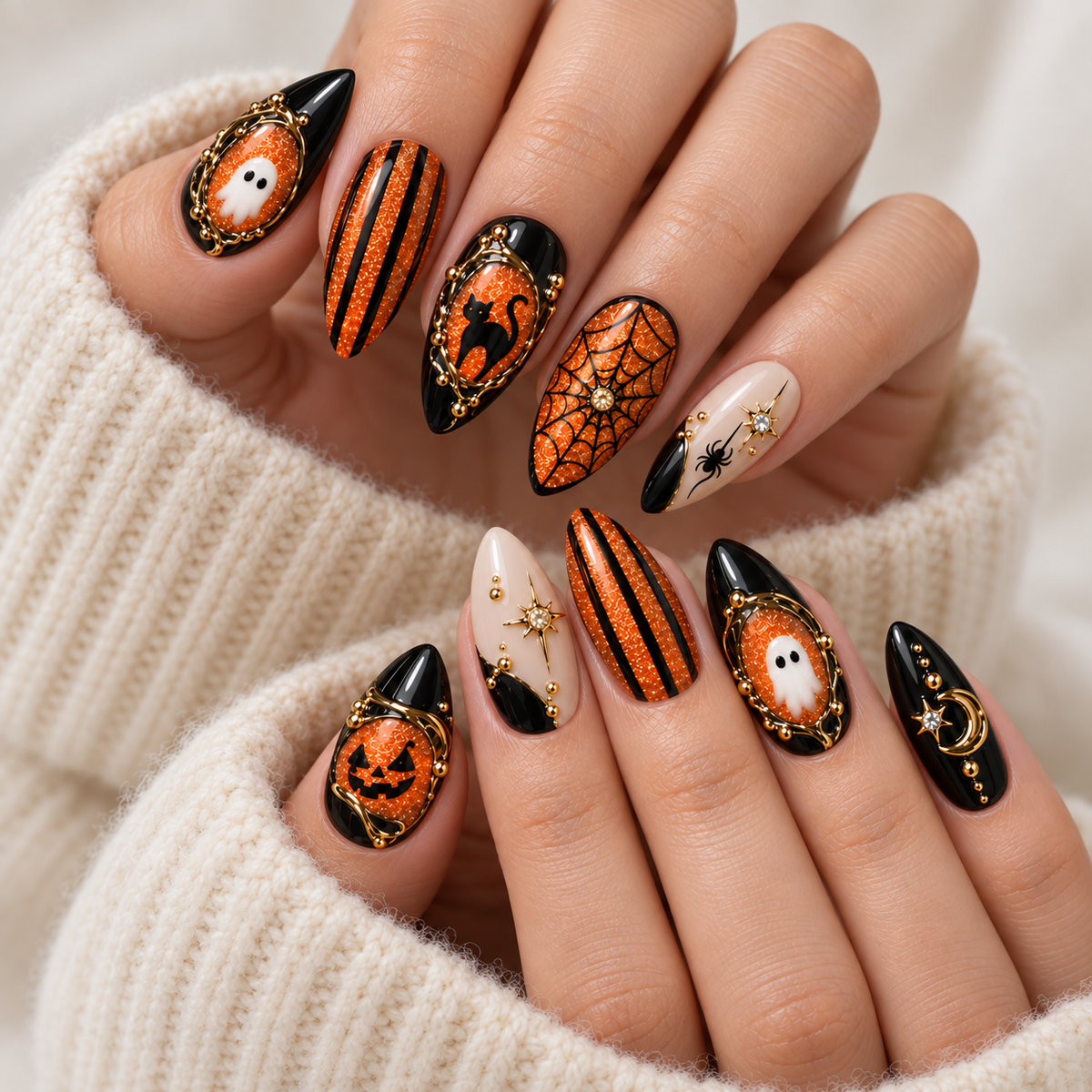 Pumpkin Noir Halloween Press On Nails – Orange Glitter Nail Set - HW014