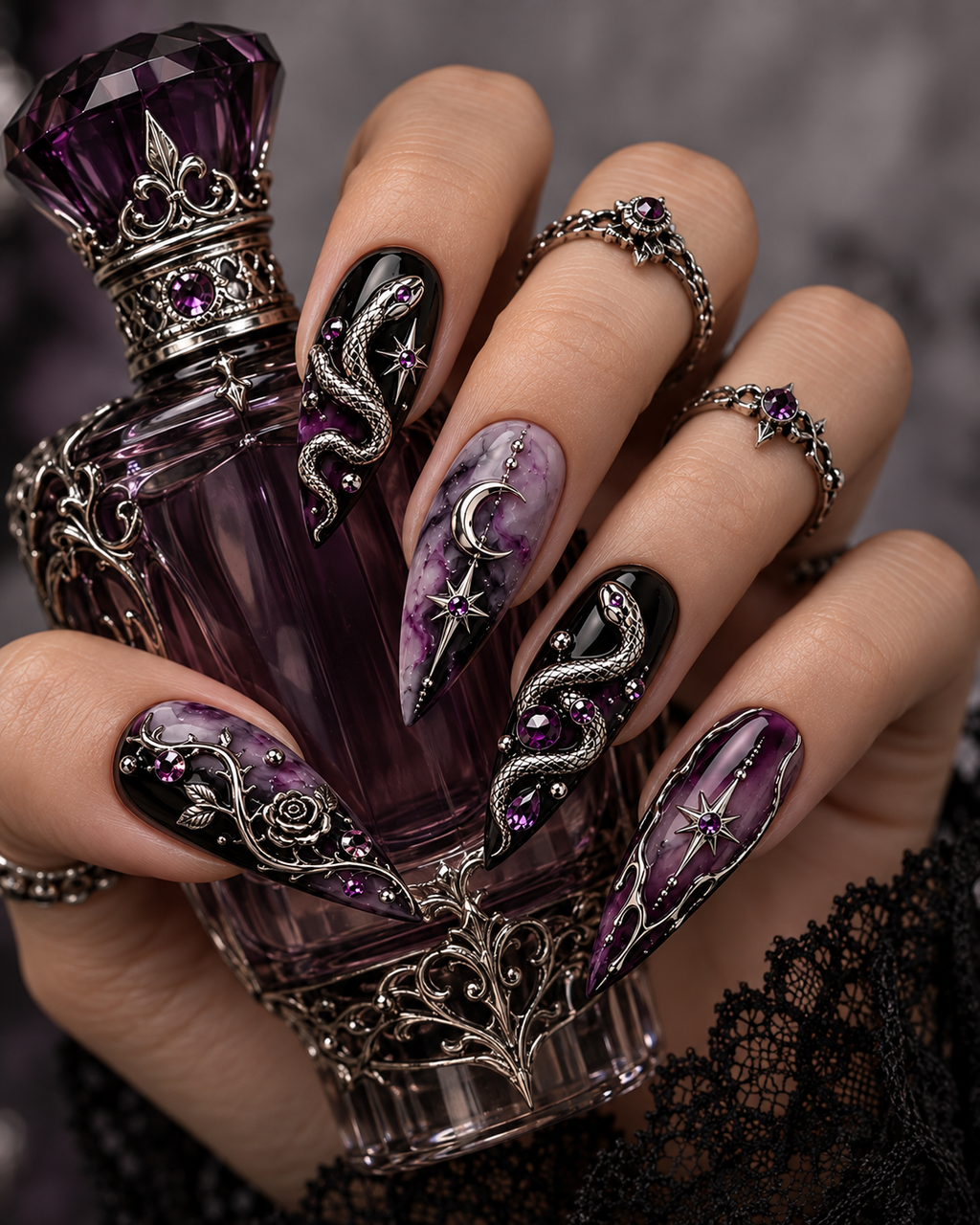 Amethyst Serpent Halloween Press On Nails – Luxury Snake Nail Set - HW005