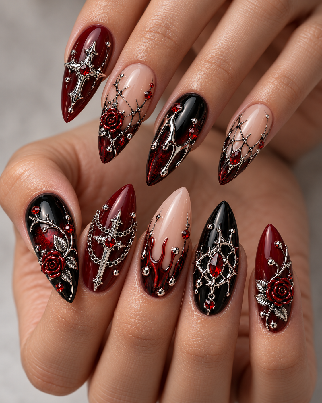 Crimson Rose Cross Halloween Press On Nails – Gothic Red Nail Set - HW009