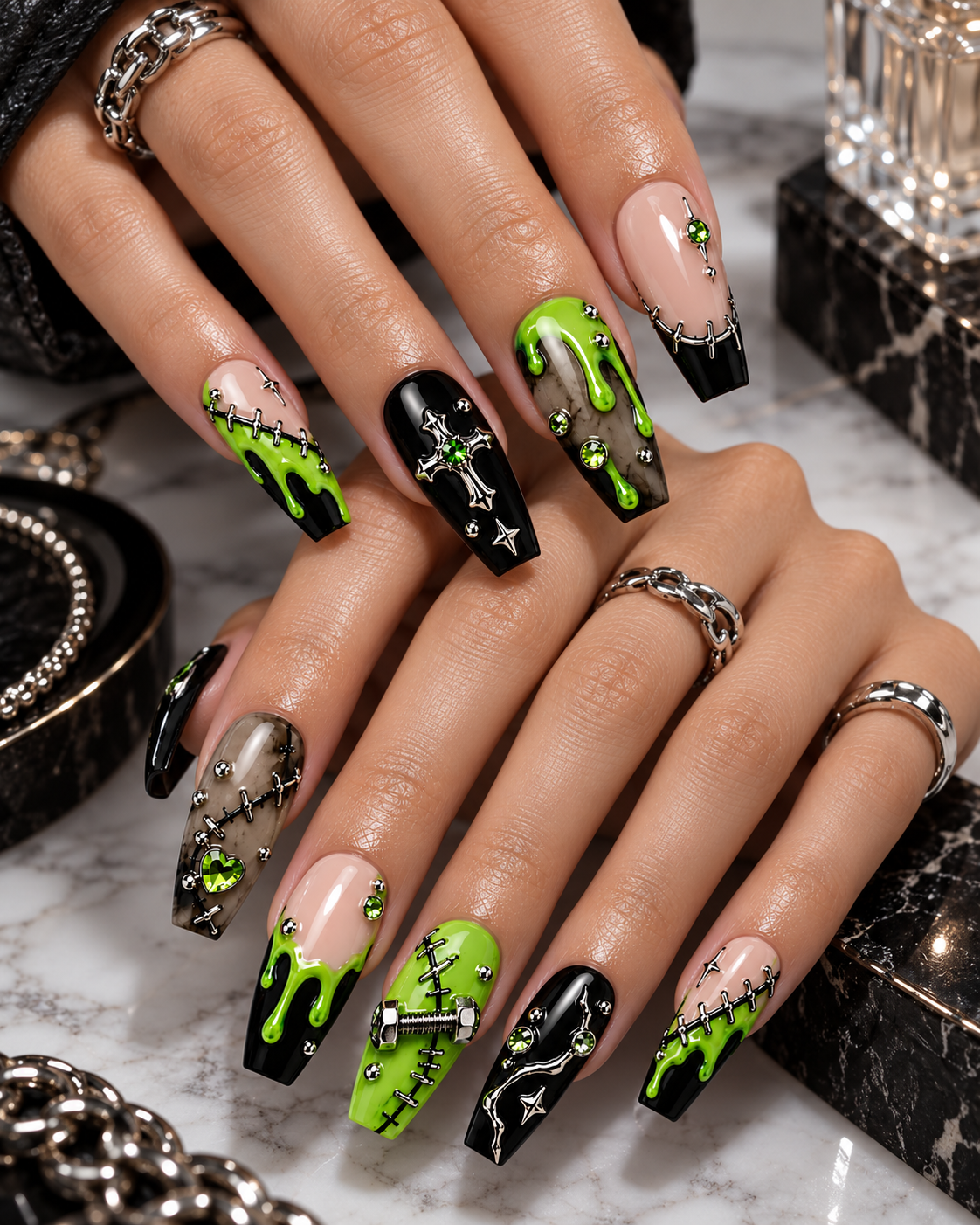 Toxic Stitch Halloween Press On Nails – Handmade Gothic Nail Set – HW001