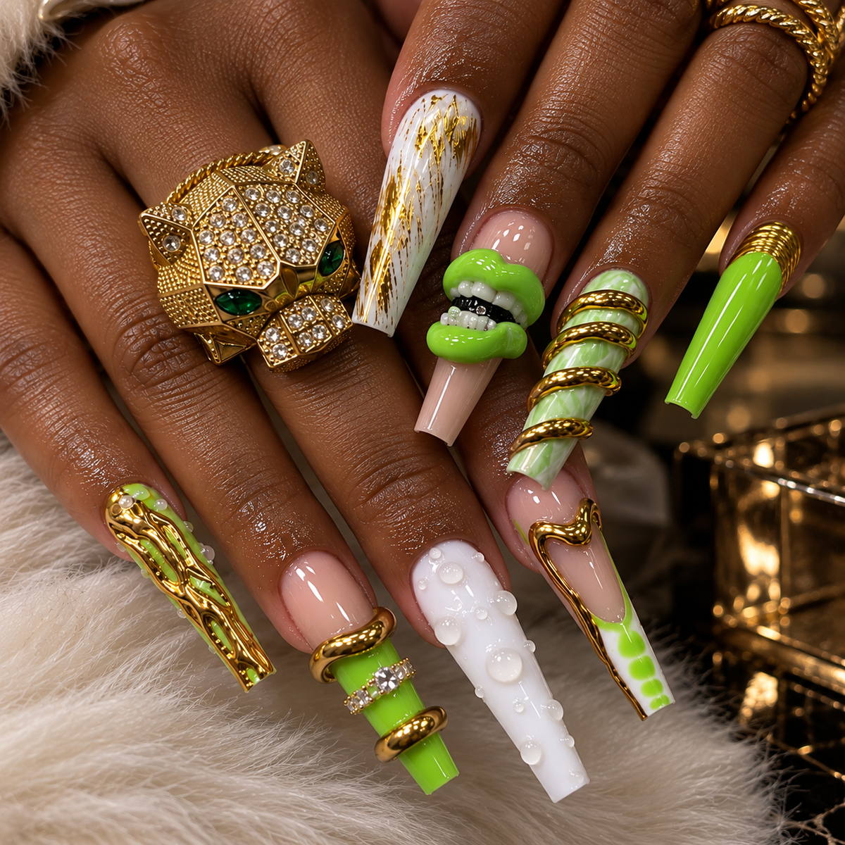 Lime Bite Lime Green Gold Chrome Press On Nails