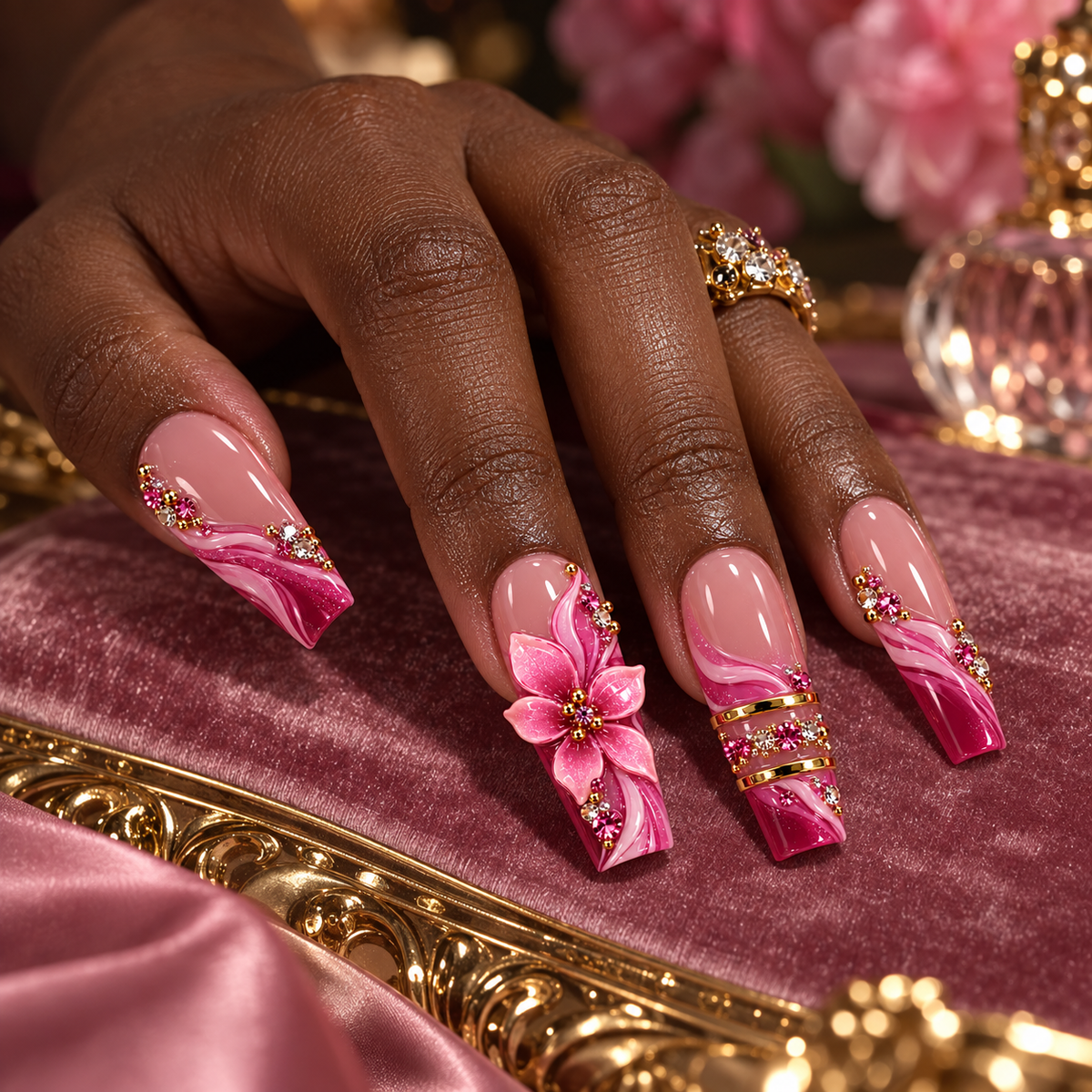 Ruby Swirl Pink Jeweled Floral Press On Nails