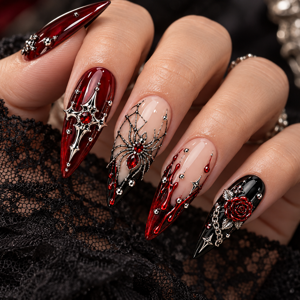 Blood Rose Web Halloween Press On Nails – Gothic Rose Nail Set _HW006