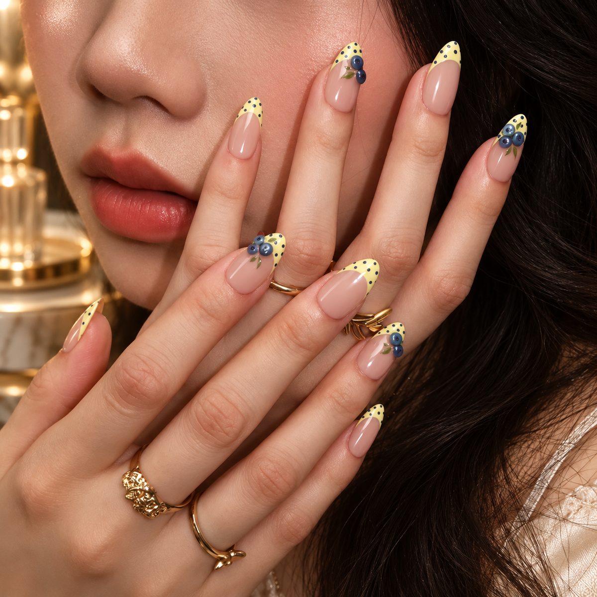 Blueberry Fields Yellow French Tip 3D Blueberry Press On Nails