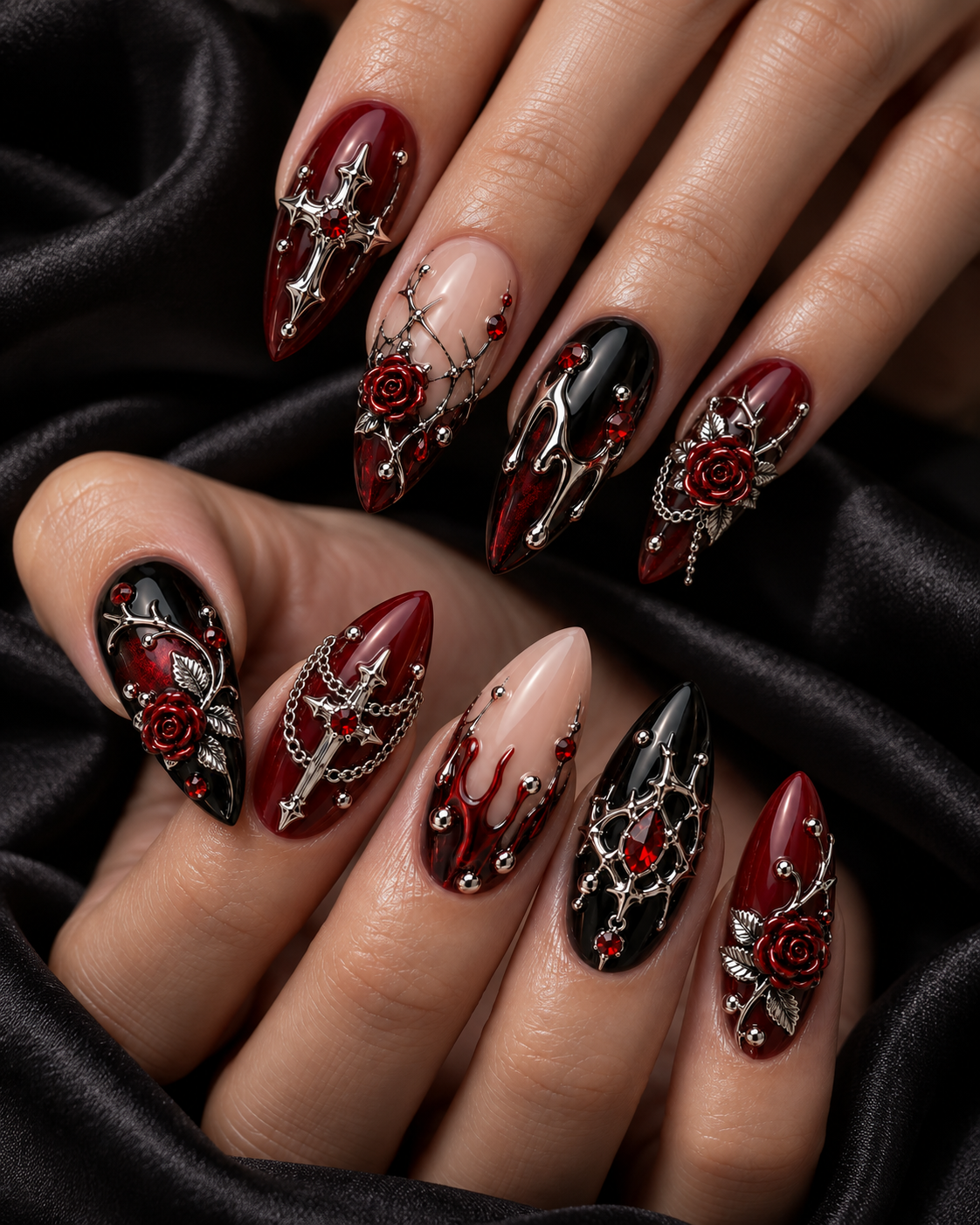 Crimson Rose Cross Halloween Press On Nails – Gothic Red Nail Set - HW009