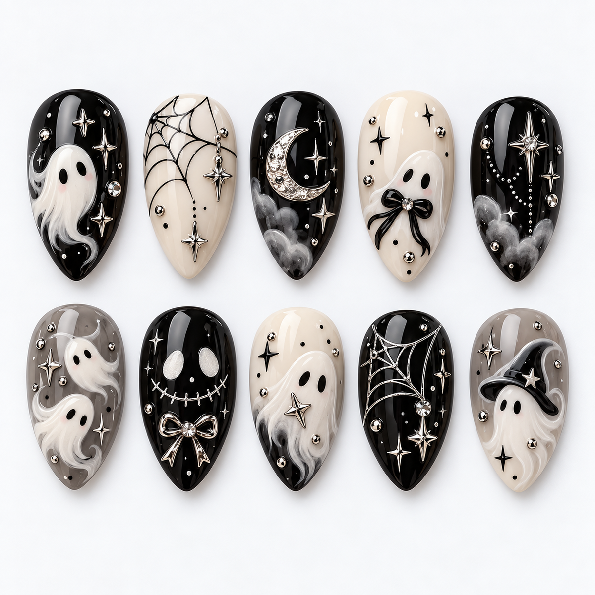 Moonlit Ghost Halloween Press On Nails – Cute Ghost Nail Set - HW004