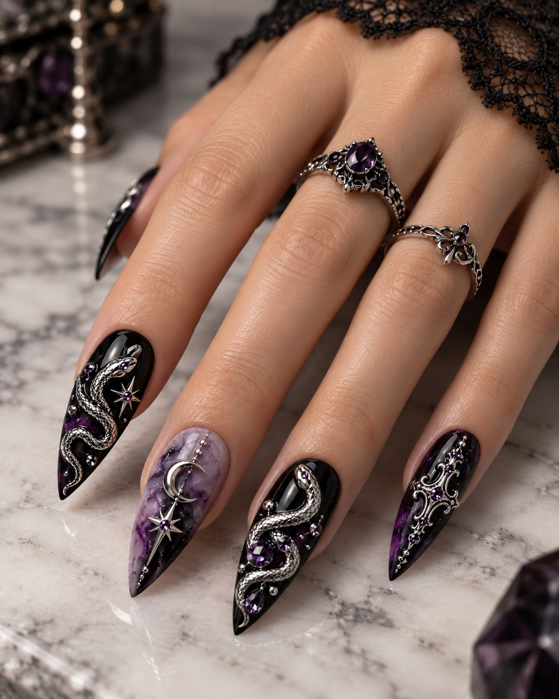Amethyst Serpent Halloween Press On Nails – Luxury Snake Nail Set - HW005