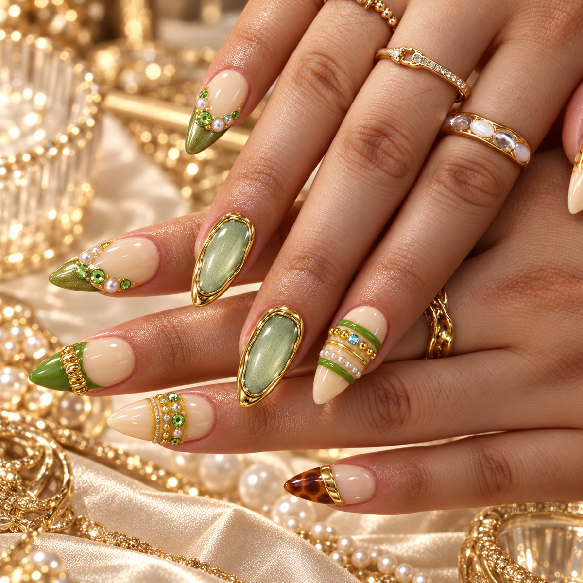 Olive Gilt Sage Tortoiseshell Gold Cat Eye Press On Nails