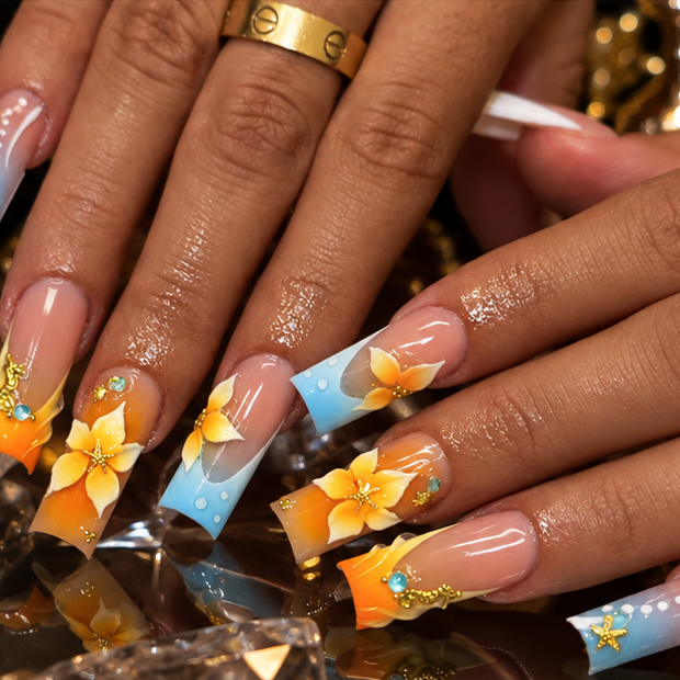 Sunset Plumeria Orange Blue Tropical Ombre Press On Nails