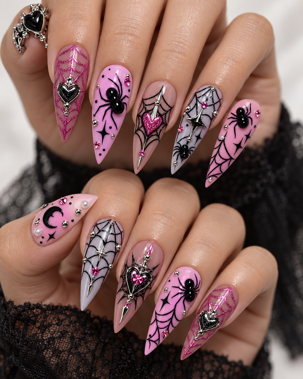 Pink Widow Halloween Press On Nails – Cute Spider Nail Set - HW017