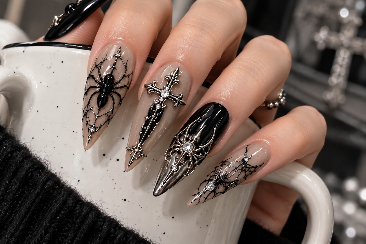 Silver Widow Halloween Press On Nails – Black Spider Nail Set - HW013