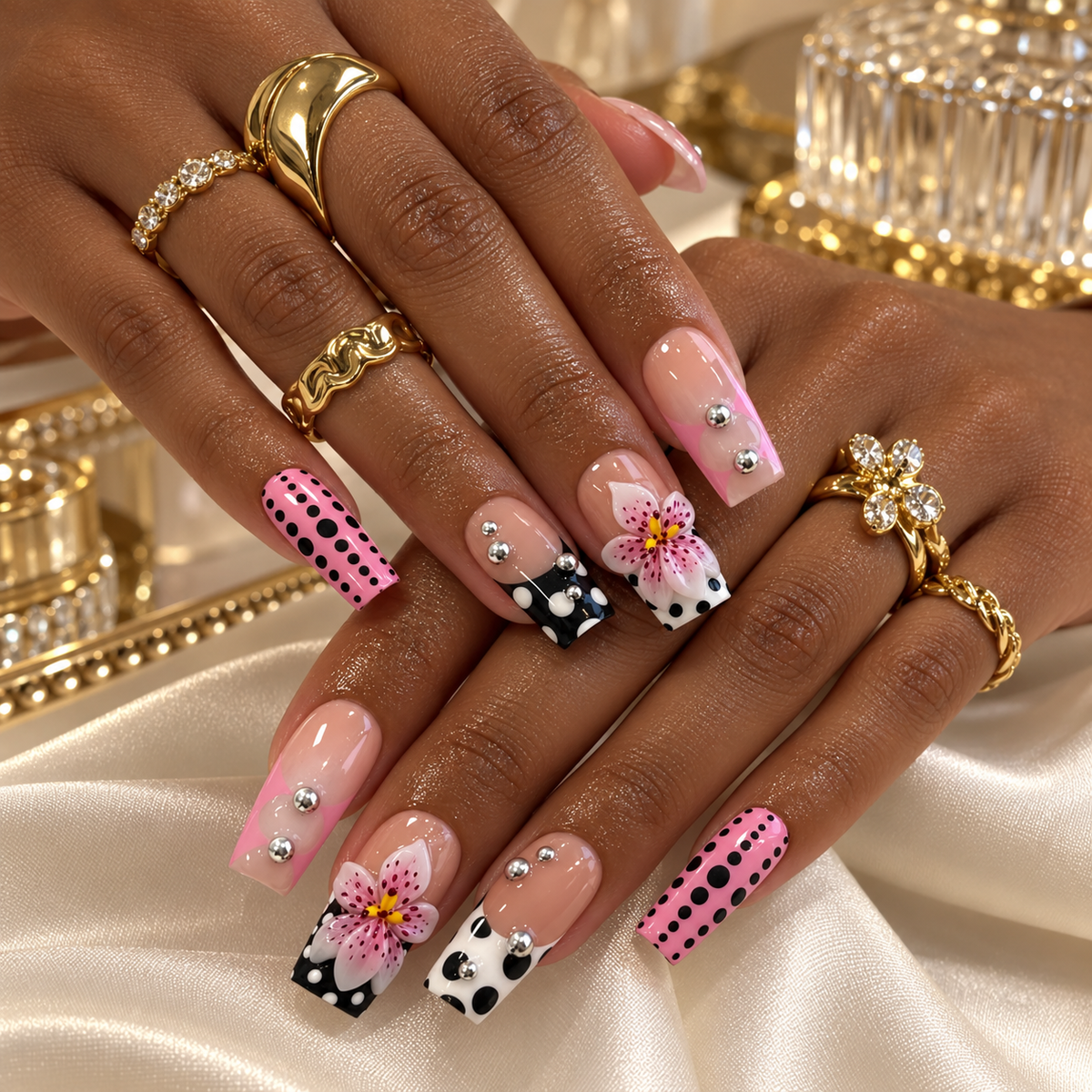 Dotty Lily Pink Polka Dot 3D Flower Press On Nails