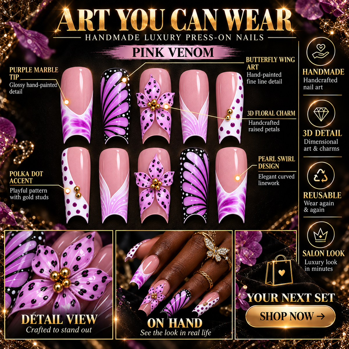 Violet Wings Purple Butterfly French Press On Nails