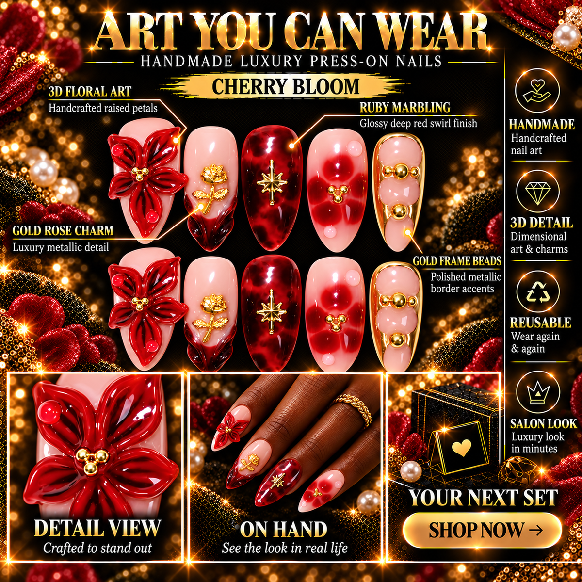 Rose Gold Rouge Deep Red Tortoise Rose Charm Press On Nails